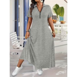 Elegant Plus Size French-Inspired Summer Dress • Waist-Cinching • Short Sleeves • Zipper Detail • Solid Color • Pockets • Flowy Skirt