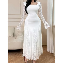 [Elegant Plus Size Dress] Elegant Plus Size Lace-Trimmed Long Sleeve Dress | White Bodycon with Floral Pattern, High Neck, Flowing Skirt, Stretchy Fabric - Perfect for Weddings & Formal Events