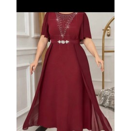 Plus Size - 2025 New Plus-Size Women'S Summer Dress with a Waist-Cinching Design That Flatters The Figure, Elegantly Concealing The Belly, Featuring a Stylish Faux Two-Piece A-Line Silhouette.