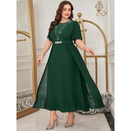 Plus Size - 2025 New Plus-Size Women'S Summer Dress with a Waist-Cinching Design That Flatters The Figure, Elegantly Concealing The Belly, Featuring a Stylish Faux Two-Piece A-Line Silhouette.