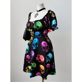 Plus Size - Plus Size, Women'S Plus Size Halloween Party Dress - Gothic Skull Print in Black, Blue, Green, Pink, Orange, Purple - Flared Hem Formal & Costume Party Outfit - Elegant Halloween Party Attire for Women, Festive Wear, Round Neckline