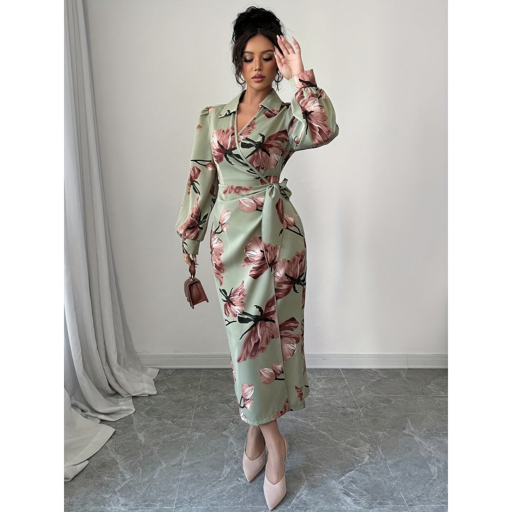 Plus Size, Women's Floral Print maxi Dress - Elegant V-Neck Long Formal & Casual Dresses, Non-Stretchy Fabric, Machine Washable for Wedding, Party, Everyday Outfits - Plus Size Friendly, Cute Dresses