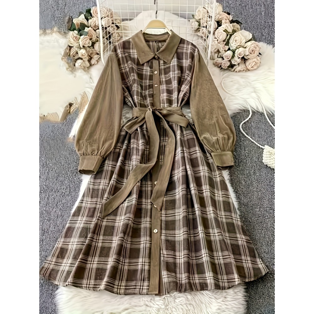 [Elegant Plaid Dress] Plus Size Elegant Women's Plaid Long Sleeve Dress | Brown & Beige Checkered Pattern, Contrast Collar, Button-Up Front, Flowy A-Line Silhouette - Perfect for Spring/Fall Casual or Formal Occasions, Polyester Fabric