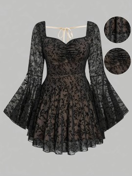 Plus Size - Elegant Plus Size Women'S Faux Fur Mesh Bell Sleeve Dress - Square Neck, Long Sleeve, Black with Golden Accents, All-Season Midi Dress for Formal Occasions, Formal Dresses Elegant, Fitted Silhouette