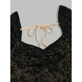 Plus Size - Elegant Plus Size Women'S Faux Fur Mesh Bell Sleeve Dress - Square Neck, Long Sleeve, Black with Golden Accents, All-Season Midi Dress for Formal Occasions, Formal Dresses Elegant, Fitted Silhouette