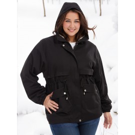 Women'S Plus Size Winter Coat, Long Sleeve, Solid Color, Polyester, Hooded, Casual Style, Open Front, Woven, A-Line Hem, No Belt, Regular Fit, Non-Waterproof