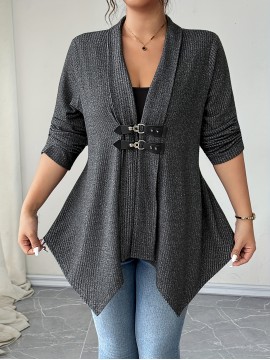 [Plus Size Cardigan] Plus Size - Women's Elegant Casual Cardigan - Long Sleeve, Asymmetrical Hem, Button- Front, Button Closure, Medium Stretch, Solid Color, Perfect for Fall/Winter, Casual Wear Cardigan | Asymmetrical Hemline | Button Closure Coat