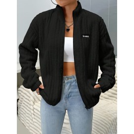 Plus Size, Plus Size Women's Elegant Casual Double-Faced Fleece-Lined Jacket with Ribbed Cuffs & High Neck, 100% Polyester Machine-Washable All-Season Outerwear, Black