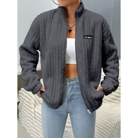 Plus Size, Plus Size Women's Elegant Casual Double-Faced Fleece-Lined Jacket with Ribbed Cuffs & High Neck, 100% Polyester Machine-Washable All-Season Outerwear, Black