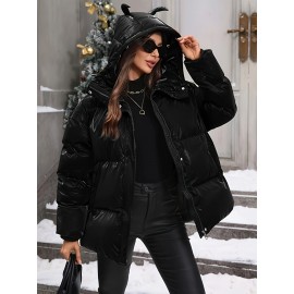 Plus Size - Plus Size Women'S Elegant Hooded Winter Coat - Warm Zip-Up Jacket with Long Sleeves, Solid Color Regular Fit for Cold Weather, Stylish Outdoor & Casual Wear, Winter Coats, Cold Weather Apparel, Sleek Design, Structured Design