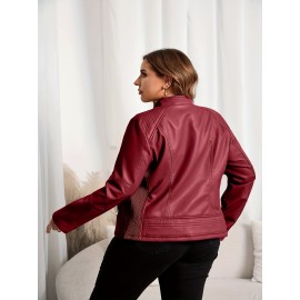 [Brown Biker Jacket] Brown Faux Leather Plus Size Women's Casual Biker Jacket | Short Motorcycle Jacket with Zipper Closure, Turn-Collar & Long Sleeves for Spring/Fall, Versatile Outerwear, Sleek Design, Durable Fabric