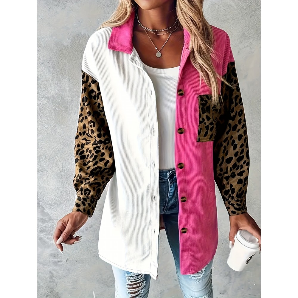 Plus Size, Plus Size Women's Oversized Coat - White & Mustard-Yellow Lapel Collar Jacket with Leopard Print Sleeves, Lapel Button-Front Blazer, Structured All-Season Outerwear (Machine Washable) for Casual & Professional Wear