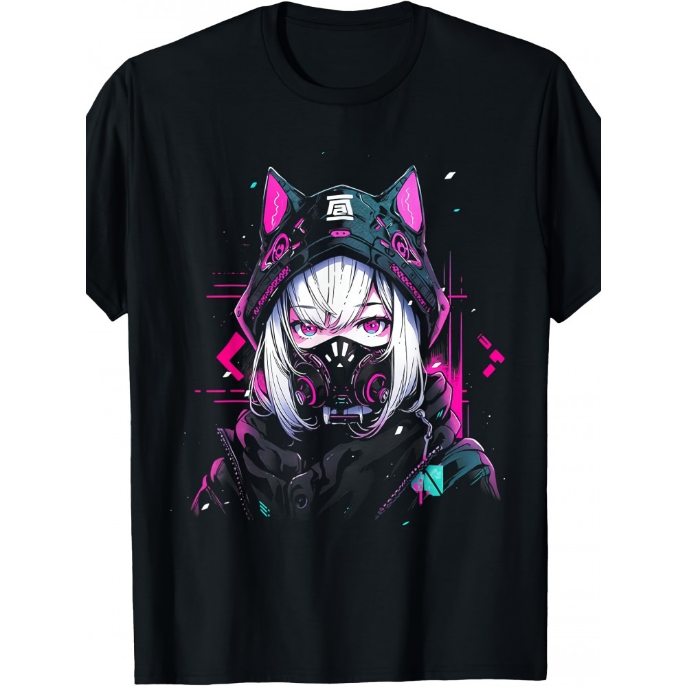 Women'S Casual Graphic T-Shirt - Short Sleeve Crew Neck, Vibrant Anime-Inspired Design with Pink Cat Ears & Mask, Lightweight Polyester for Spring & Summer, Spring Casual Wear | Vibrant Print Top | Comfortable Fit, Anime Tshirt