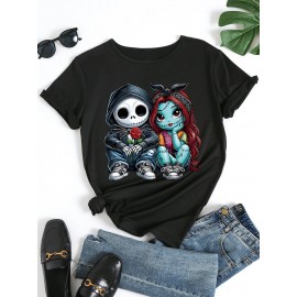 [Jack Skellington | Sally] Women's Jack Skellington & Sally Graphic Print T-Shirt | Casual Short Sleeve, Soft Stretch Round Neck, Machine Washable | The Nightmare Before Christmas Gift, Seasonal Comfortable Everyday Shirt