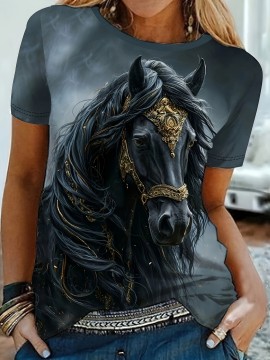 Women's Casual Elegant Horse Graphic T-Shirt - Short Sleeve Round Neck Summer Top with Majestic Black Horse & Golden Bridle Design, Machine Washable Regular Fit, Horse Shirt, Comfortable Pullover, Regal Aesthetic Apparel, Detailed Digital Print