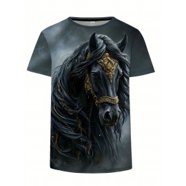 Women's Casual Elegant Horse Graphic T-Shirt - Short Sleeve Round Neck Summer Top with Majestic Black Horse & Golden Bridle Design, Machine Washable Regular Fit, Horse Shirt, Comfortable Pullover, Regal Aesthetic Apparel, Detailed Digital Print