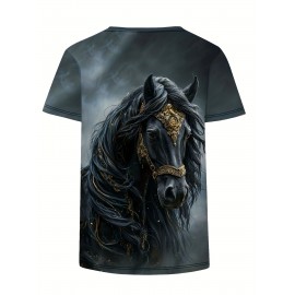 Women's Casual Elegant Horse Graphic T-Shirt - Short Sleeve Round Neck Summer Top with Majestic Black Horse & Golden Bridle Design, Machine Washable Regular Fit, Horse Shirt, Comfortable Pullover, Regal Aesthetic Apparel, Detailed Digital Print