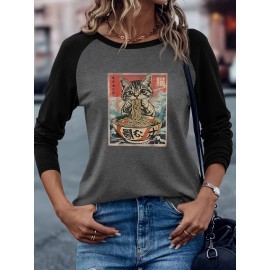 Women's Retro Anime Cat Eating Ramen Graphic Raglan Long Sleeve T-Shirt - Color Block Casual Top with Japanese-Inspired Design, Soft Stretch Fabric, Machine Washable for Spring/Fall, Spring Fall Apparel, Playful Design, Comfortable Fit