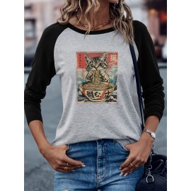 Women's Retro Anime Cat Eating Ramen Graphic Raglan Long Sleeve T-Shirt - Color Block Casual Top with Japanese-Inspired Design, Soft Stretch Fabric, Machine Washable for Spring/Fall, Spring Fall Apparel, Playful Design, Comfortable Fit