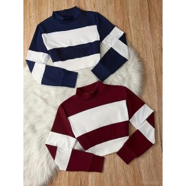 2pcs Set Color Block Spliced Short Sleeve Long T-Shirt Women's Crop Top High Neck Casual Chic New Style