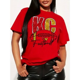 1pc Women's KC Football Glitter Graphic T-Shirt - Red & Yellow Sparkle Design, y Casual Short Sleeve Top, Machine Washable, Perfect Game Day Gift, Team Spirit Wear, Bold Lettering, Easy Care, Fan Apparel, Team Supporters
