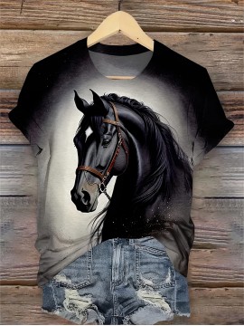 [95% Polyester T-Shirt] Polyester 95% Spandex 5% Women's Summer Casual Crew Neck T-Shirt | Animal Horse Print Short Sleeve Top, All Season Fashion, 175g/m² Lightweight - Perfect Gift for Mom