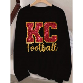 KC Football Long Sleeve Crew Neck T-Shirt - Casual, Alphabet Pattern, Regular Fit, Polyester Knit Fabric, All Seasons, No Belt, Long Sleeve, Regular Sleeve, No Chest Pad, Pullovers, Fabric Weight 180 g/m²
