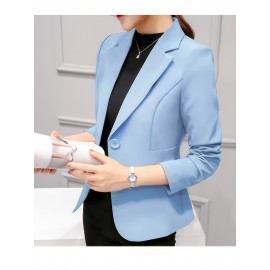 [Elegant Blazer] Polyester Elegant Light Blue Blazer | Women's Single-Breasted Long Sleeves Jacket - Regular Fit, Button-Up Design, Office Attire for Spring/Summer/Fall