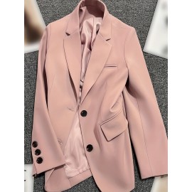 Elegant Pink Double-Breasted Blazer for Women - Versatile Office & Commuter Jacket with Pockets, Long Sleeve, Polyester, Perfect for All Seasons, Office Attire|Sleek Formal Attire|Polyester Blazer