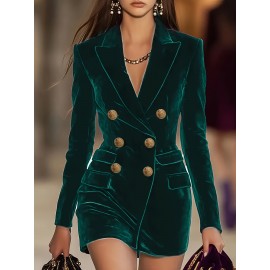 [Double-Breasted Blazer] Green Velvet Double-Breasted Women's Mid-Length Blazer | Polyester Blend, Long Sleeve, Button Detail, H-Line Silhouette, Notch Lapel, Perfect for Spring/Fall