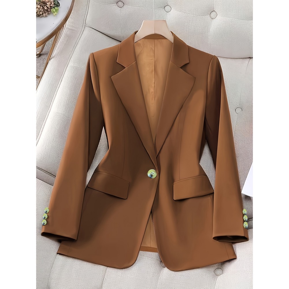 [Lightweight Polyester Blazer] Polyester Women's Lightweight Long Sleeve Blazer | Elegant Solid Color Office Jacket with Decorative Buttons, Notched Lapel, and Chest Pockets, Perfect for Casual or Professional Wear