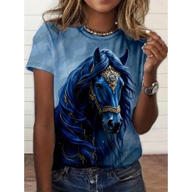 Women's Casual Elegant Horse Graphic T-Shirt - Short Sleeve Round Neck Summer Top with Majestic Black Horse & Golden Bridle Design, Machine Washable Regular Fit, Horse Shirt, Comfortable Pullover, Regal Aesthetic Apparel, Detailed Digital Print