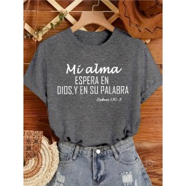 Women's Casual Short Sleeve T-Shirt - Vibrant Purple with White Spanish Scripture Letter Print (Isaiah 30:5), 100% Polyester Knit, Lightweight 180g All-Season Top, Machine Washable