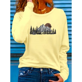 Women'S Mountain & Sunset Graphic Sweatshirt - Casual Long-Sleeve Pullover with Trekking Silhouette Design, Stretchy Polyester Blend, Round Neck, Spring/Summer Top, Machine Washable, Outdoor Casual Wear|Casual Style|Stretchy Fabric