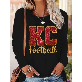 KC Football Long Sleeve Crew Neck T-Shirt - Casual, Alphabet Pattern, Regular Fit, Polyester Knit Fabric, All Seasons, No Belt, Long Sleeve, Regular Sleeve, No Chest Pad, Pullovers, Fabric Weight 180 g/m²